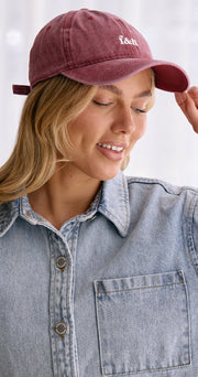 Gigi Washed Denim Cap - Burgundy