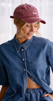 Gigi Washed Denim Cap - Burgundy