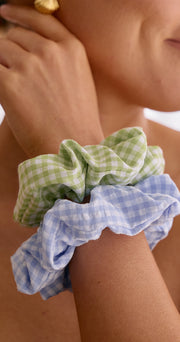 Viola Linen Scrunchie 2 Pack - Green & Blue Check
