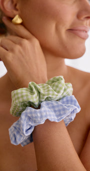 Viola Linen Scrunchie 2 Pack - Green & Blue Check