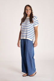 Jasper Knitted Tee - White Blue Stripe