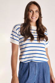 Jasper Knitted Tee - White Blue Stripe