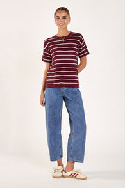 Jasper Knitted Tee - Burgundy White Stripe