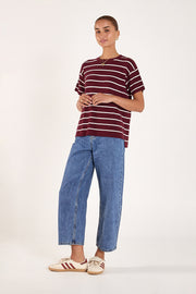 Jasper Knitted Tee - Burgundy White Stripe