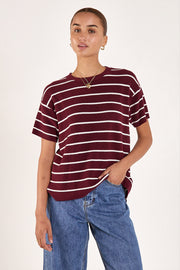 Jasper Knitted Tee - Burgundy White Stripe
