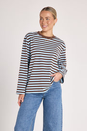 PRE-ORDER Carter Long Sleeve Tee - Chocolate Blue Stripe