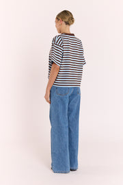 Carter Boxy Tee - Chocolate Blue Stripe