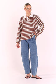 Finn Long Sleeve Rugby Top - Choc Cream Stripe