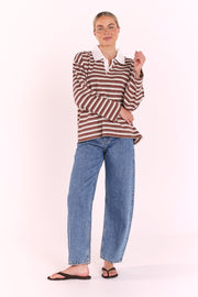 Finn Long Sleeve Rugby Top - Choc Cream Stripe