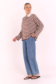 Finn Long Sleeve Rugby Top - Choc Cream Stripe