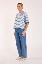 Carter Boxy Tee - Blue Green Stripe