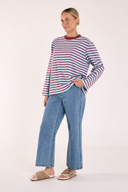 Carter Long Sleeve Tee - Wine Blue Stripe