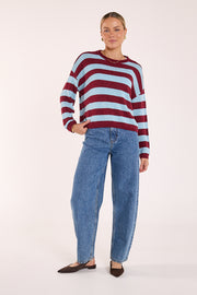 Avery Knit - Wine Blue Stripe