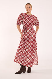 Loretta Dress - Cream Wine Check