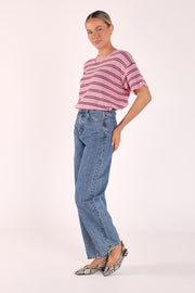 Jasper Knitted Tee - Pink Olive Stripe