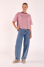 Carter Boxy Tee - Pink Burgundy Stripe