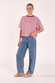Carter Boxy Tee - Pink Burgundy Stripe