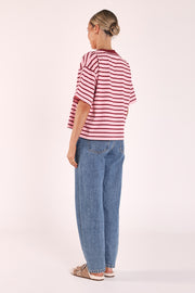 Carter Boxy Tee - Pink Burgundy Stripe