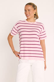 Jasper Knitted Tee - Pink Burgundy Stripe