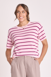 Jasper Knitted Tee - Pink Burgundy Stripe