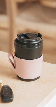 Reusable Cup 8oz with Leather Sleeve - Coal & Pink