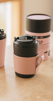 Reusable Cup 8oz with Leather Sleeve - Coal & Pink