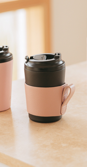 Reusable Cup 8oz with Leather Sleeve - Coal & Pink