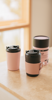 Reusable Cup 8oz with Leather Sleeve - Coal & Pink