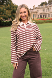 Finn Long Sleeve Rugby Top - Choc Cream Stripe