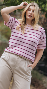 Jasper Knitted Tee - Pink Burgundy Stripe