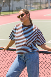 Carter Boxy Tee - Chocolate Blue Stripe