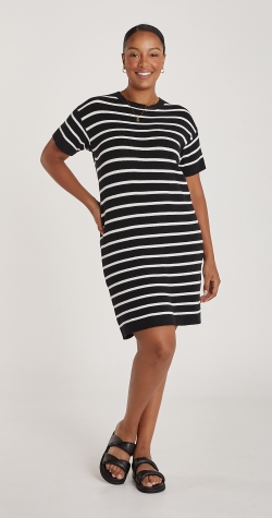 Jasper Knitted Tee Dress - Black White Stripe
