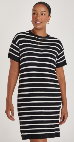 Jasper Knitted Tee Dress - Black White Stripe